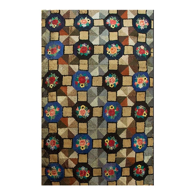 1920s Multi Grid Folk Art Antique American Hooked Rug 6'0" X 9'0" Woven Wool Carpet For Sale