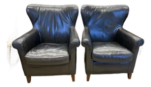 Pair of Dutch Mid-Century Navy Blue Leather Wingback Chairs