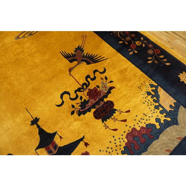 1920s Canary Yellow Scene Pictoral Antique Chinese Art Deco Hand Knotted Rug 9'x 11' 7" Wool Carpet For Sale - Image 4 of 17