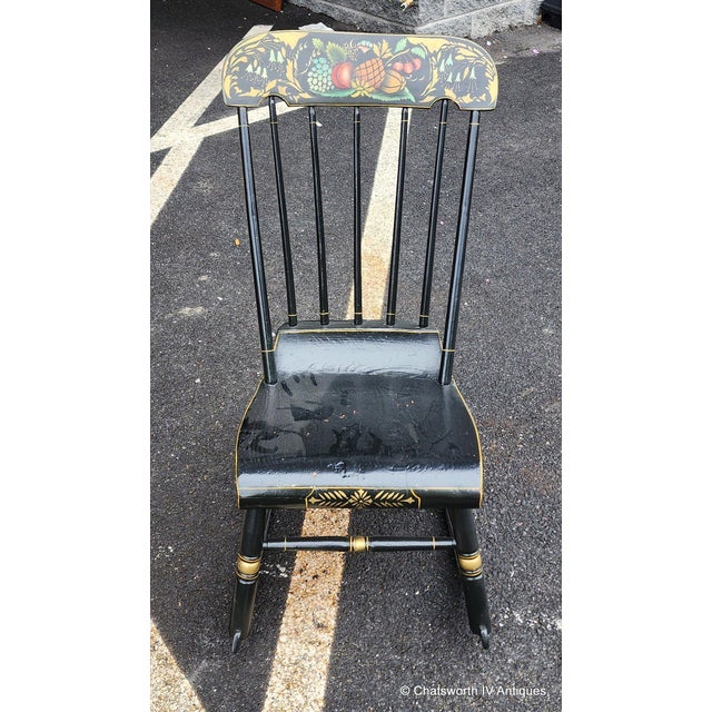 Antique Painted Black Stenciled Country Rocking Chair, 1900s ~ Repainted in 1967. Good condition. Measures 15 wide at seat...