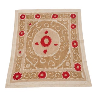 Vintage Embroidered Neutral Tan Suzani From Asian For Sale