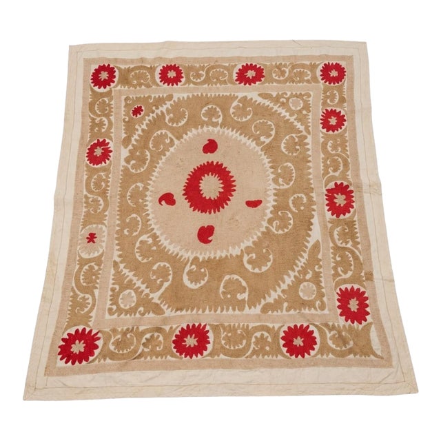 Vintage Embroidered Neutral Tan Suzani From Asian For Sale