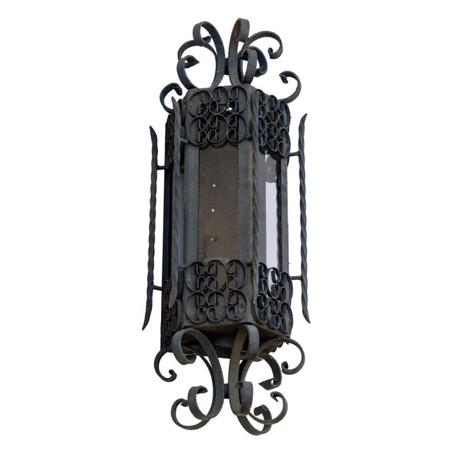 Mid 20th Century Spanish Revival Curly Iron Lantern with Smokey Gray Glass Panels For Sale In Los Angeles - Image 6 of 8