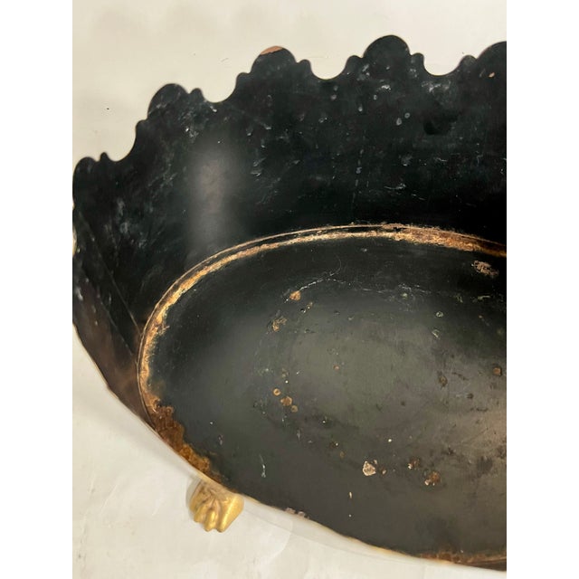 Maison Lancel Vintage French Black Tole Cachepot With Hand-Painted Fruit and Gilt Scalloped Rim Lion Head Ring Handles For Sale - Image 16 of 17