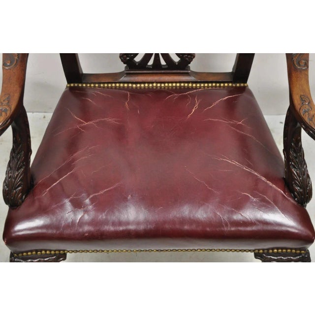 Early 20th Century Antique Chippendale Georgian Carved Mahogany Ball and Claw Leather Arm Chair For Sale - Image 5 of 12