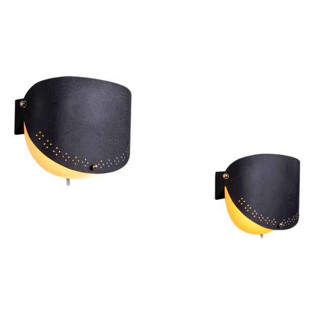 Matte Black Wall Lamps with Perforated Shades and Brass Details, Set of 2 For Sale