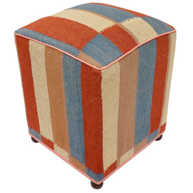 Abstract Modern Handmade Kilim Upholstered Ottoman For Sale - Image 3 of 9