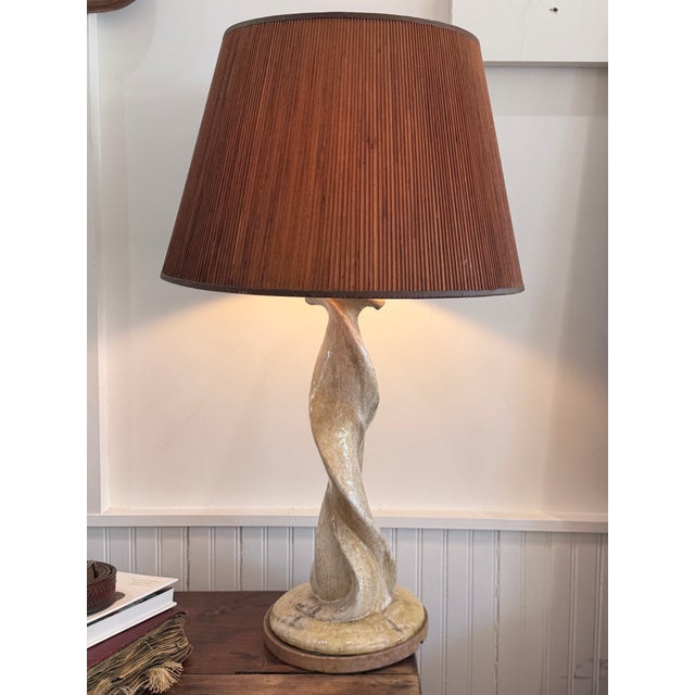 Organic Freeform Single Ceramic Table Lamp with wonderful natural crackle glaze finish, mounted on wooden base, circa...