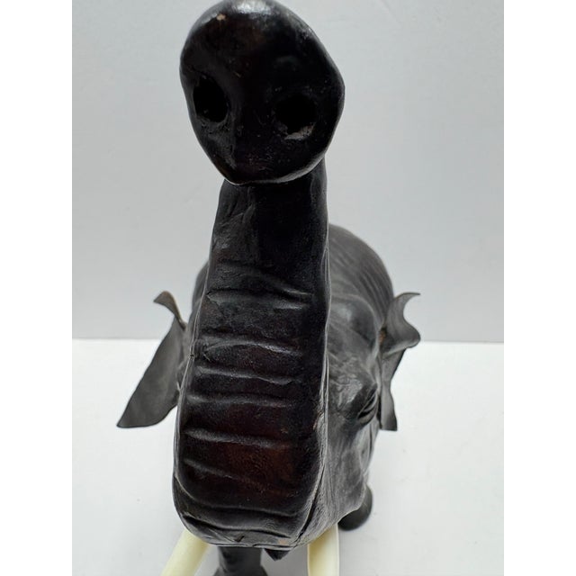 Vintage Leather Elephant Figurine Large Black Trunk Up Good Luck Decor Boho Safari Mid Century For Sale - Image 10 of 10