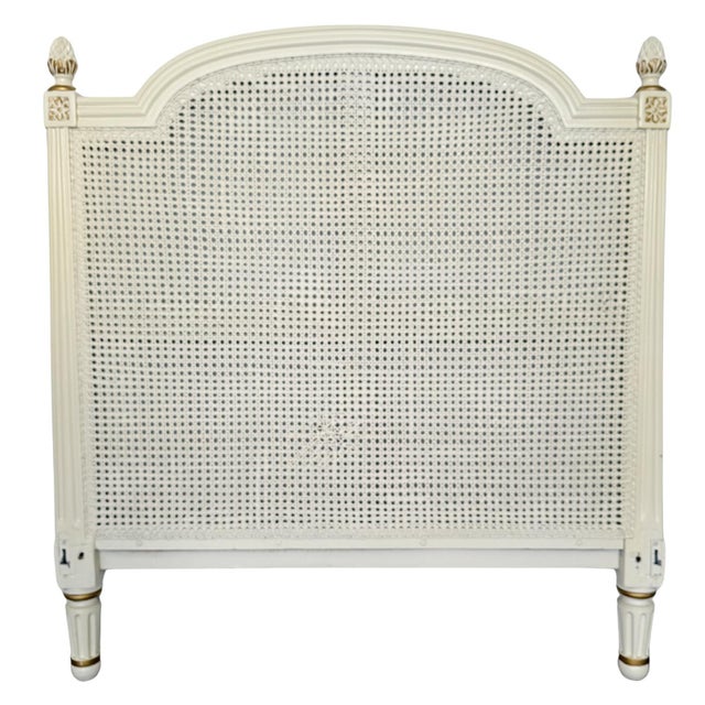 Mid-Century French Louis XVI Style Creme Peinte & Gilt Twin Cane Beds - A Pair For Sale - Image 4 of 18