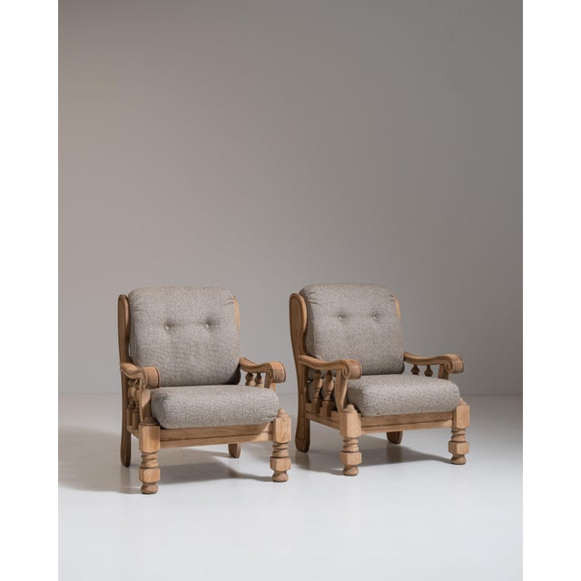 Pair of 1970s French Tan Brutalist Oak Upholstered Armchairs For Sale - Image 11 of 15