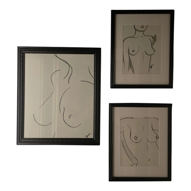 Contemporary Original Charcoal Abstract Nude Drawings Signed by Lakeland Gordon, Framed - Set of 3 For Sale
