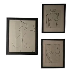 Contemporary Original Charcoal Abstract Nude Drawings Signed by Lakeland Gordon, Framed - Set of 3