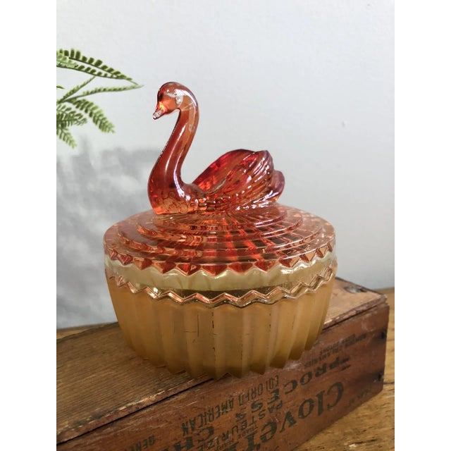 Mid-Century Modern Vintage Jeannette Amberina Art Glass Swan Covered Powder Dish For Sale - Image 3 of 9