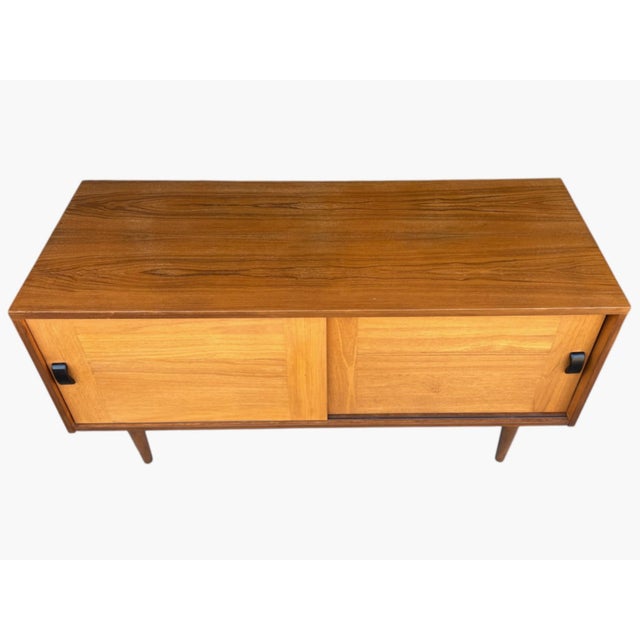 Restored 1960s Danish Modern Teak Cabinet With Sliding Doors and Tapered Legs For Sale - Image 11 of 14
