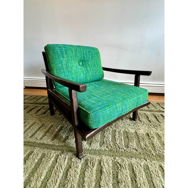 Mid-Century Modern Ficks Reed Lounge Chair With Ottoman C. 1960’s Very Good Condition Dark Wood Green Cushions For Sale - Image 3 of 12