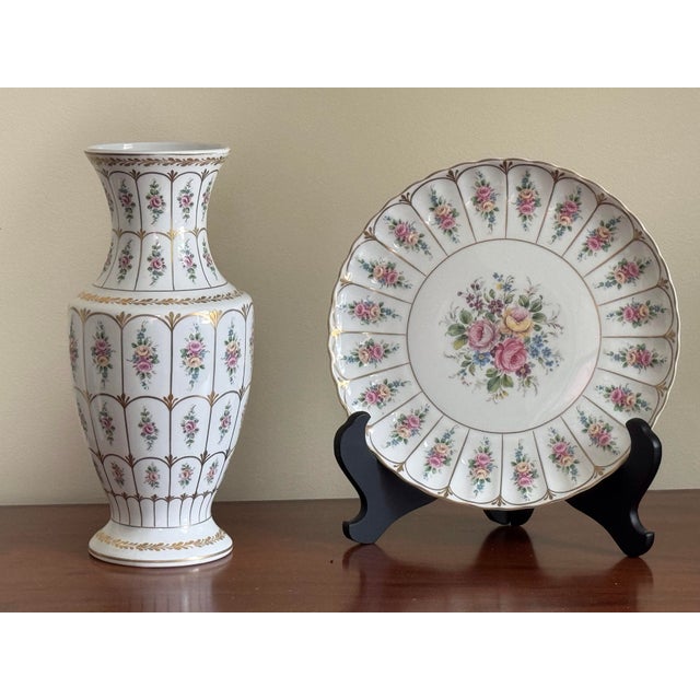French French Limoges Porcelain Baluster Vase & Charger, Hand-Painted Gilt Floral Set For Sale - Image 3 of 12