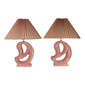 Organic Form Mauve Ceramic Lamps with Original Pleated Shades - A Pair