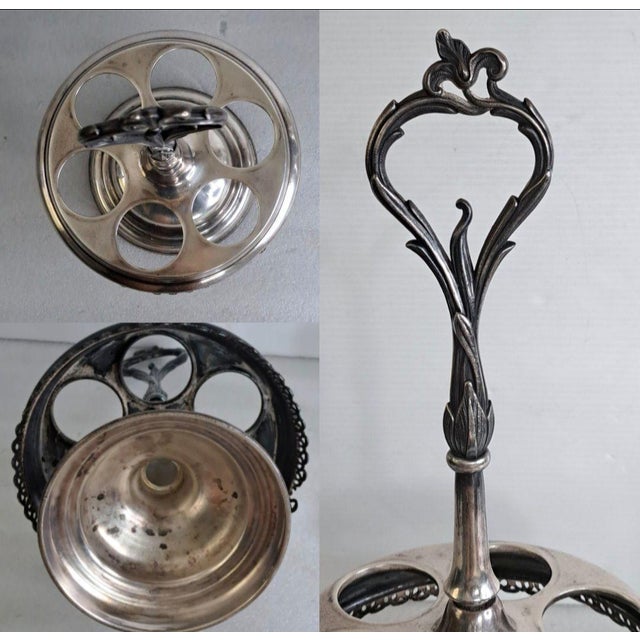 1870s Bancroft, Redfield & Rice Silverplate Cruet Castor Set 6 Etched Bottles For Sale - Image 11 of 12