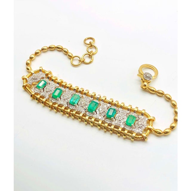 Bochic "Vintage Retro" Diamonds & Emeralds Bracelet Set In 18K Gold & Silver For Sale - Image 4 of 18