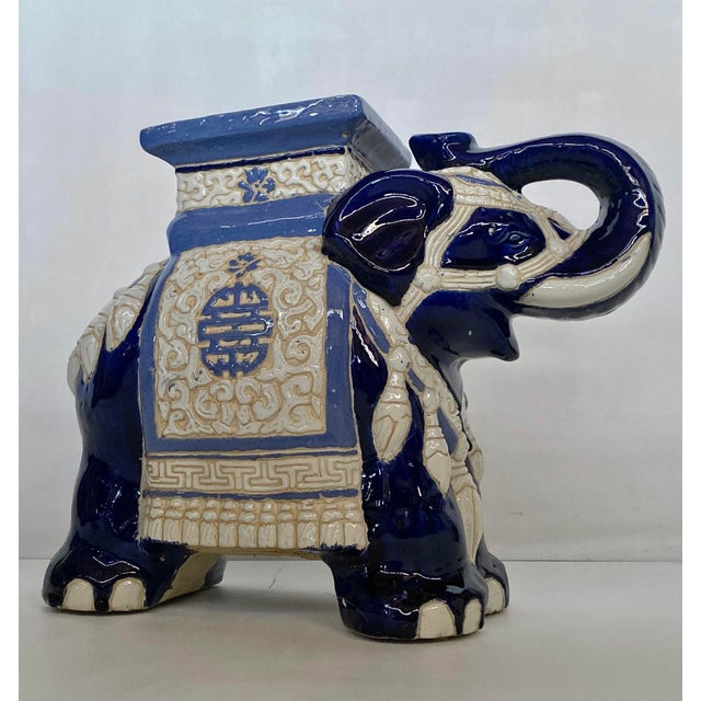Mid Century Majolica Blue & White Elephant Garden Seat For Sale - Image 9 of 9