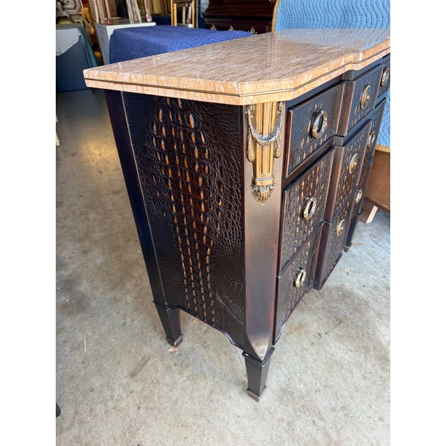 Art Nouveau Theodore Alexander Marble Top Crocodile Embossed Three Drawer Chest For Sale - Image 3 of 9
