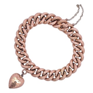 Early 20th Century Antique 14k Rose Gold Curb-Link Heart Charm Bracelet For Sale