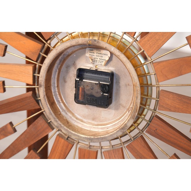 Seth Thomas Clock Company Vintage Seth Thomas Walnut & Brass Starburst Clock For Sale - Image 4 of 4