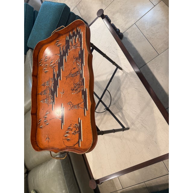 Hand Painted Chinoiserie Metal Tray Table, Faux Bamboo base Black & Gold, The Tray top with Chinoiserie Painting in Aged...