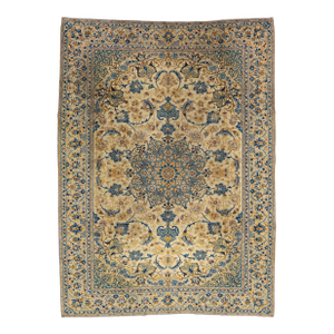 8 X 11 Handmade Vintage Kashan Persian Wool Rug in Beige With Floral Design