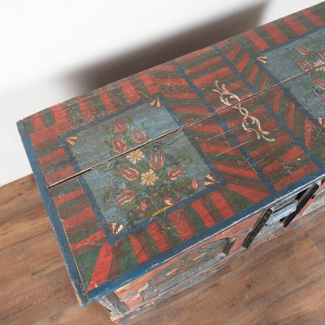 Late 19th Century 19th Century Original Blue and Red Painted Pine Large Flat Top Trunk For Sale - Image 5 of 15
