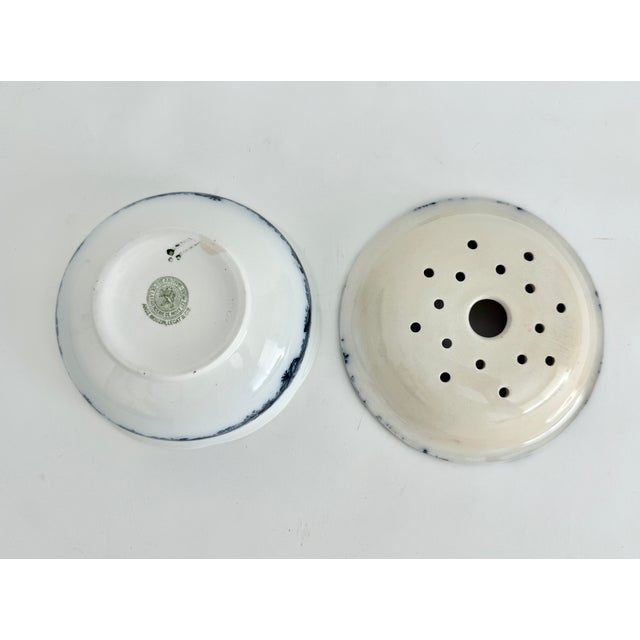 Ceramic Antique 1900s Belgian Faience De Nimy Flow Blue Bowl W/ Strainer For Sale - Image 7 of 8