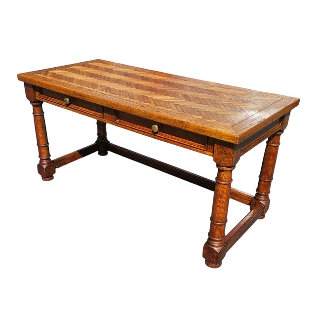 Century Furniture Vintage Oak Herringbone Design Parquetry Writing Desk by Century For Sale - Image 4 of 10