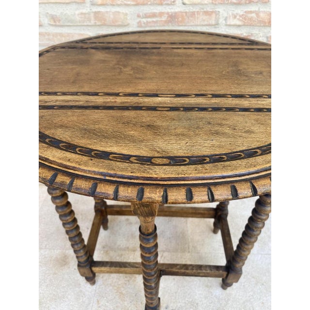 Round Folding Center Oak Table with Carved Top and Solomonic Legs, 1940s For Sale - Image 6 of 15