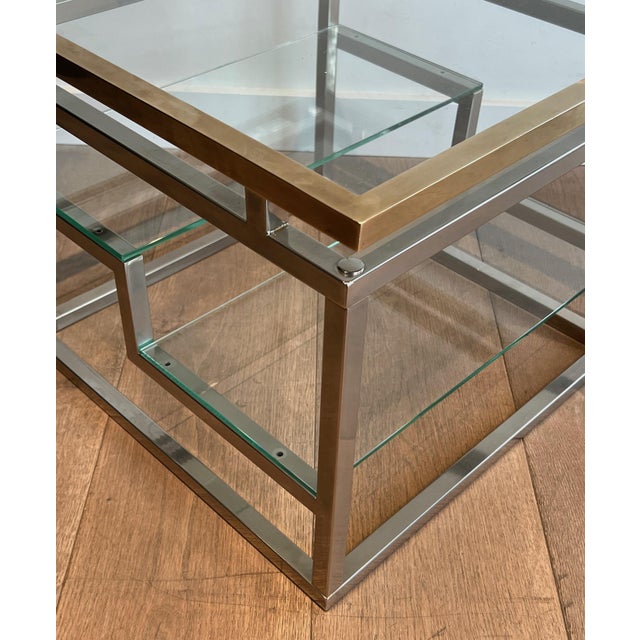 Metal Pair of designer side tables in chrome, brass and glass. French work. Circa 1970. For Sale - Image 7 of 12