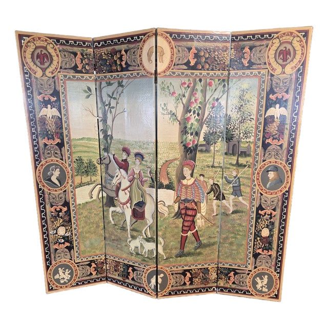 Late 20th Century Beautiful Italian Hand Painted Folding Screen of Peasants For Sale