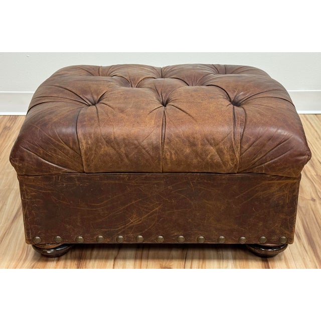 Vintage Restoration Hardware Leather Churchill Cigar Chair and Ottoman With Nailheads For Sale - Image 13 of 18