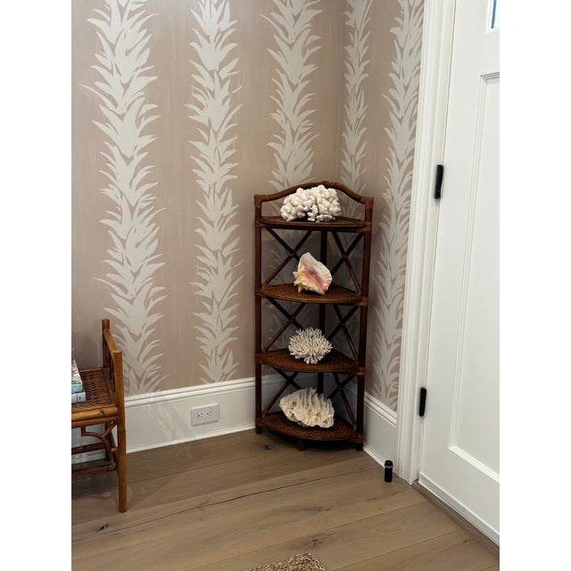 Vintage Woven Rattan and Bamboo Four-Tier Corner Shelf Unit. For Sale - Image 10 of 11