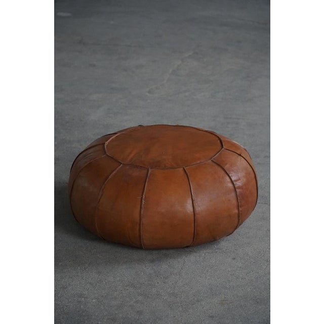 Boho Chic Vintage Moroccan Handmade Leather Ottoman with Rosette Detailing, 1960s For Sale - Image 3 of 16