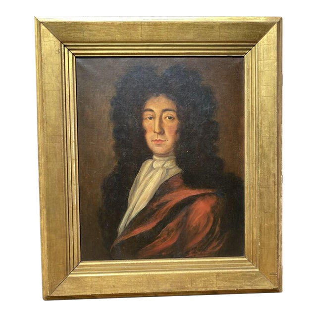 Antique Oil Painting Portrait of 17thC Gentleman, Gold Leaf Gilt Frame, Signed For Sale