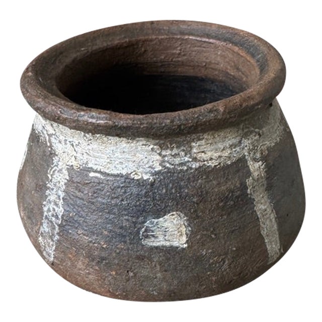 Small Vintage Rustic Indian Brown Clay Pot With Custom Metal Ring For Sale