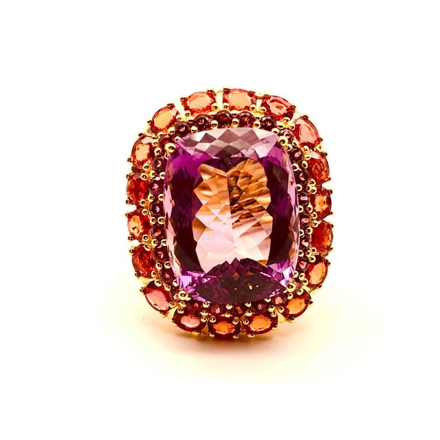 Orange Bochic "Orient" Vintage Orange Sapphire & Amethyst Ring Set 18K Gold & Silver For Sale - Image 8 of 18