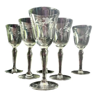 Vintage Etched Floral Wine Glasses, Set of 6, Mid-Century Barware For Sale