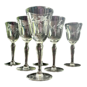 Vintage Etched Floral Wine Glasses, Set of 6, Mid-Century Barware