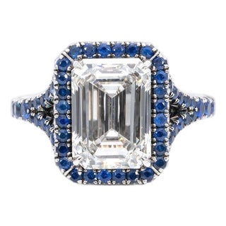 3.65ct Lab Grown Diamond Estate Ring With Blue Sapphire Accents: Platinum, Size 4.5 For Sale