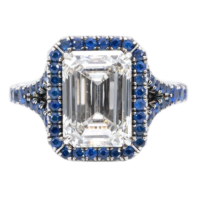 3.65ct Lab Grown Diamond Estate Ring With Blue Sapphire Accents: Platinum, Size 4.5 For Sale