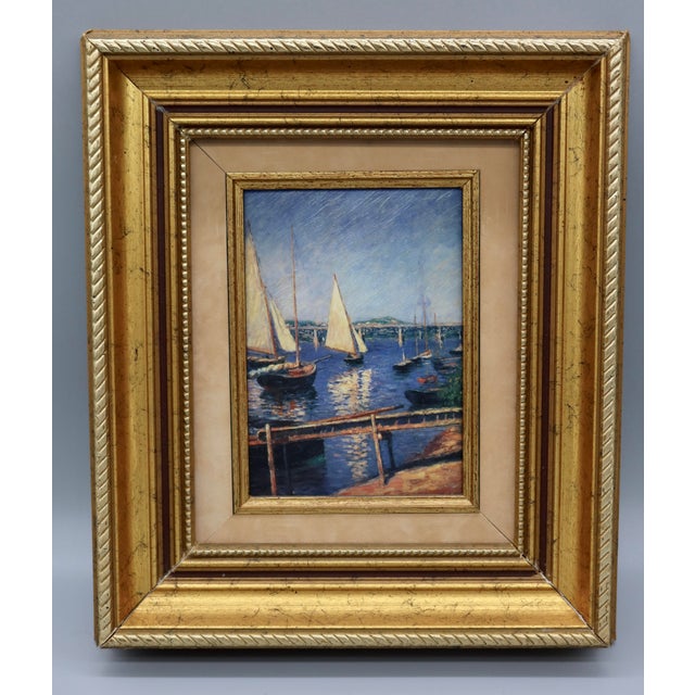 Vintage French Oil Painting on Canvas — Impressionist Style Harbor Scene With Sailboats, 20th Century For Sale - Image 4 of 5