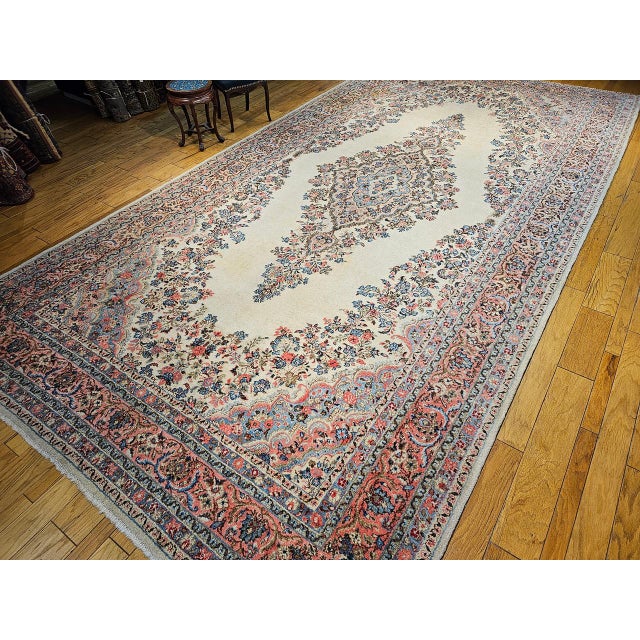 Vintage Oversized Persian Qazvin Area Rug, Hand-Knotted Wool, Floral Medallion, 10x20, Ivory & Blue For Sale - Image 10 of 18