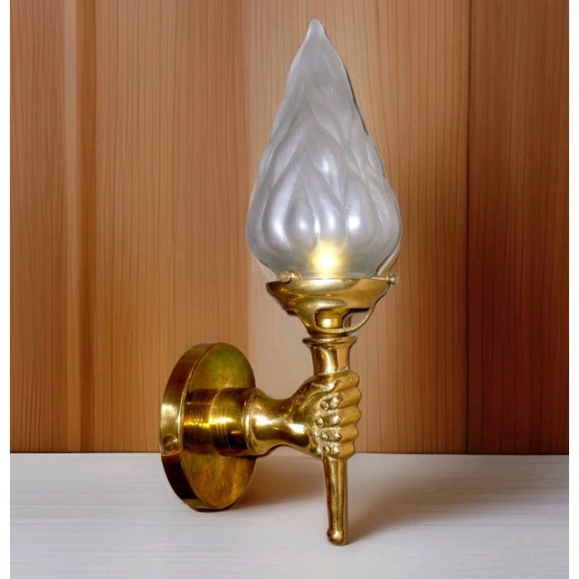André Arbus 1950's French Regency Bronze Hand Fist Torch Wall Sconce With Flame Shade For Sale - Image 4 of 14
