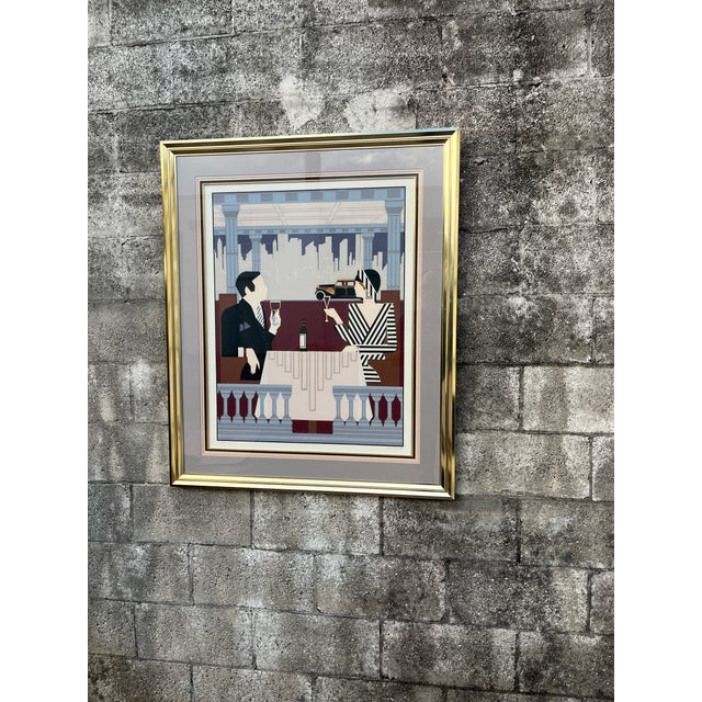 Large 1980s Art Deco Revival Framed Silkscreen "Rendezvous" Signed by the Artist. For Sale - Image 18 of 18